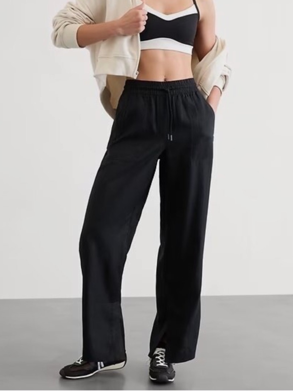 Athleta Retreat Linen High Rise Wide Leg Pant Size Large in Black Relaxed Fit